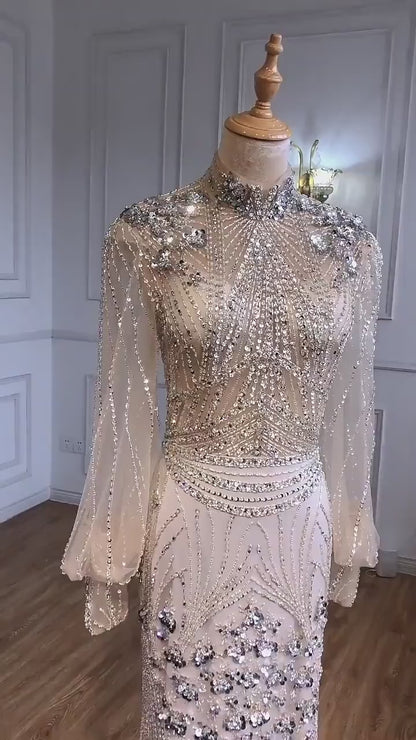 Long Sleeve Beaded Floor Length Gown