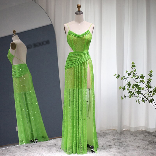 Green Crystal Mesh Draped Dress