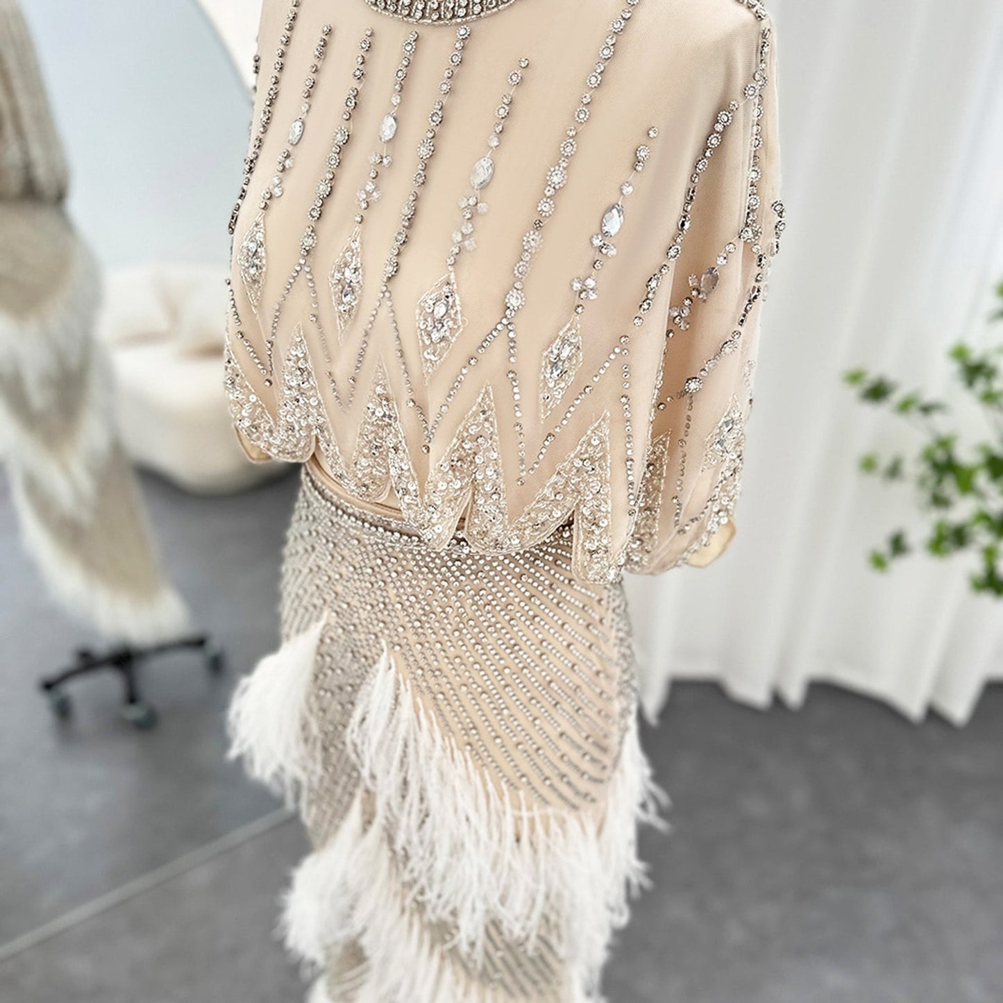 Beaded Rhinestone and Feather Crop Top and Skirt Set