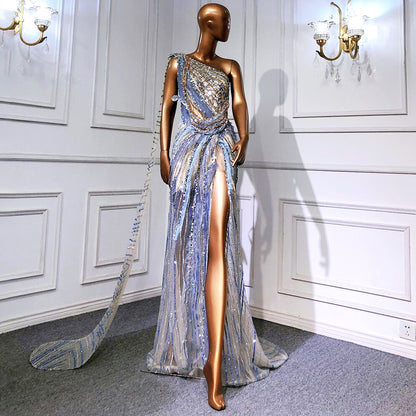 Blue and Gold Embellished Sequin Gown with Train