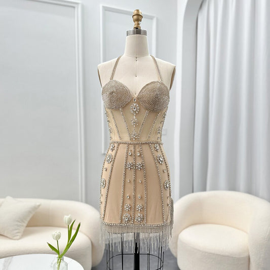 Rhinestone and Tassel Beaded Corset Mini Dress