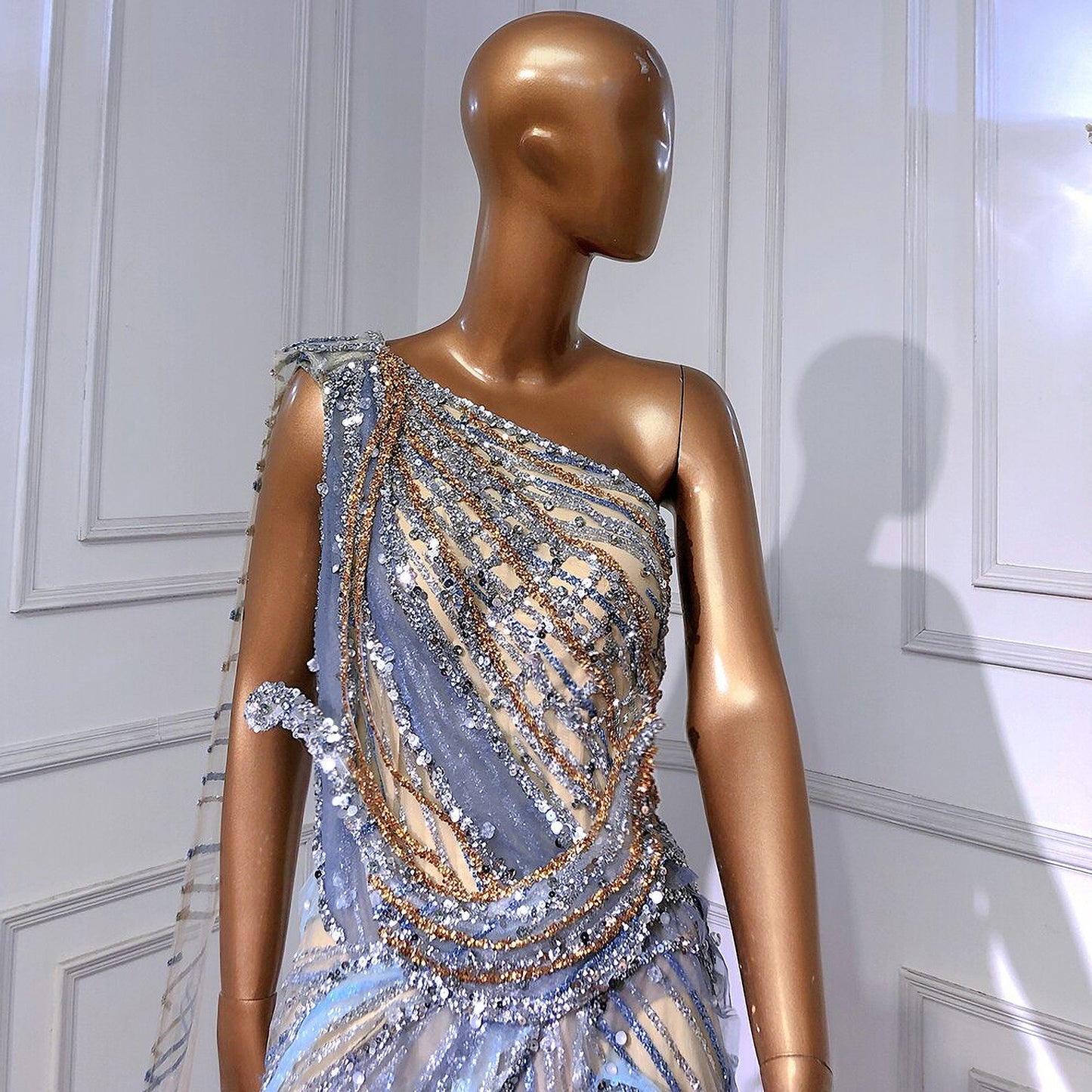 Blue and Gold Embellished Sequin Gown with Train