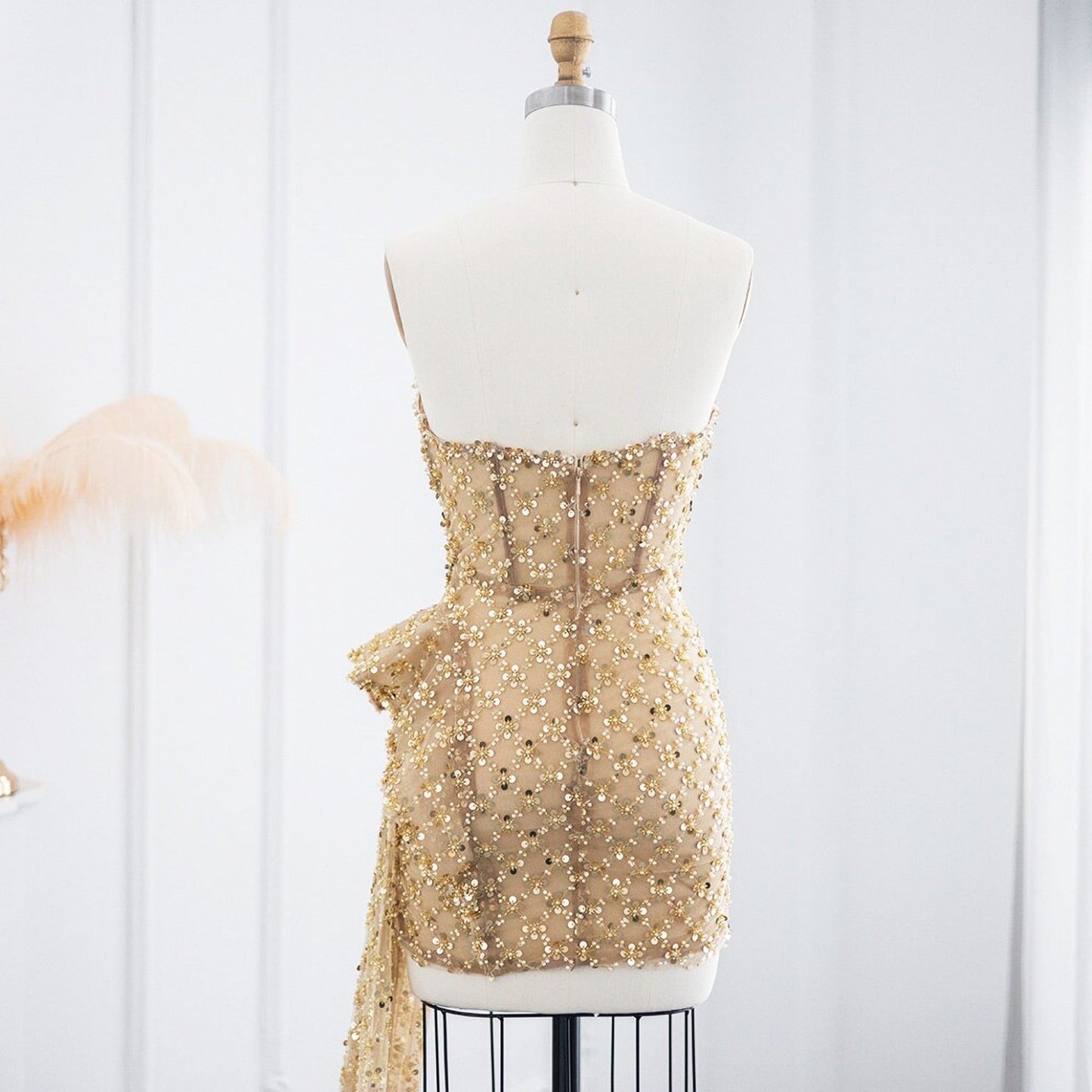 Gold Sequin Mini Dress with Side Train