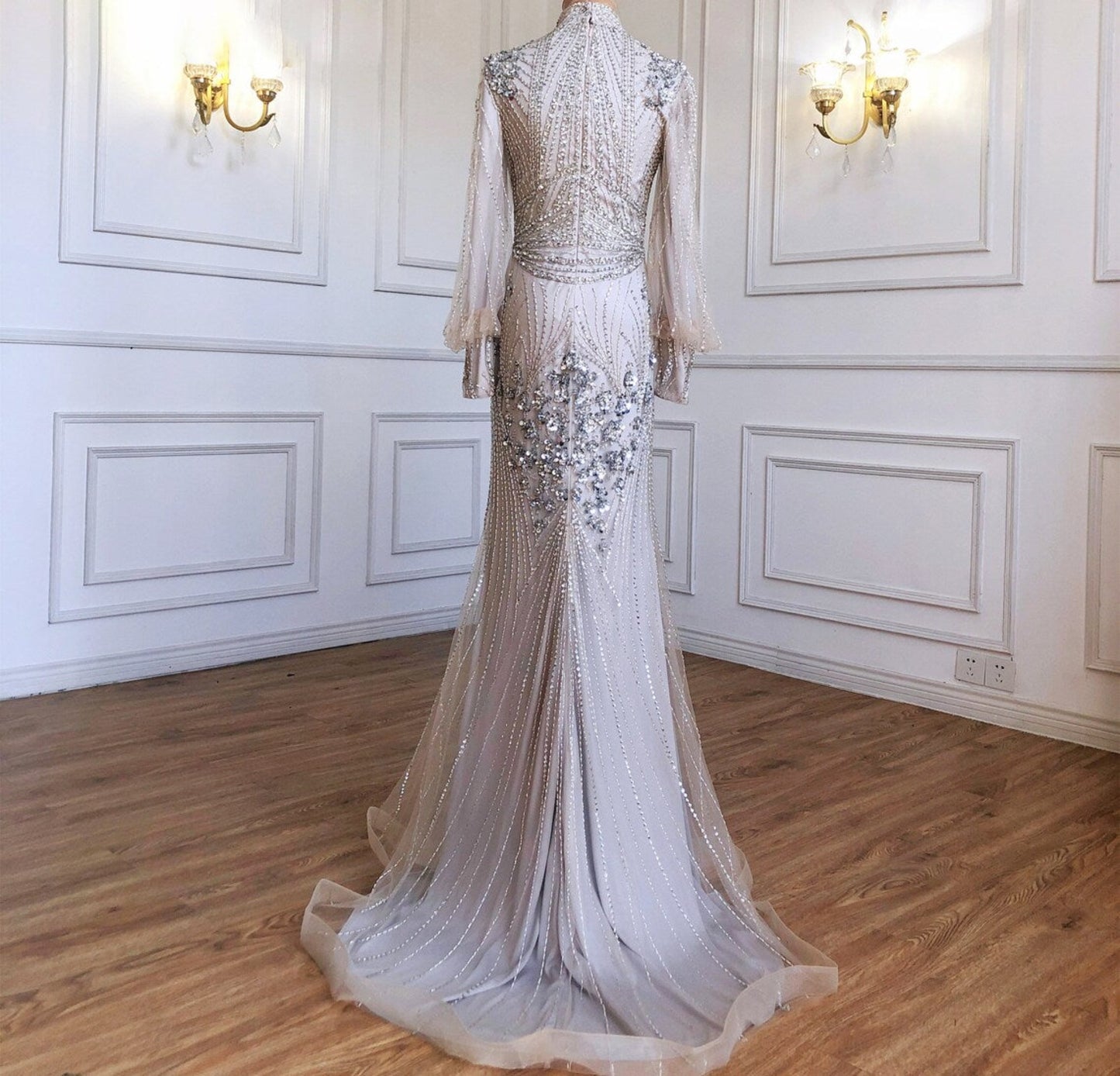 Long Sleeve Beaded Floor Length Gown