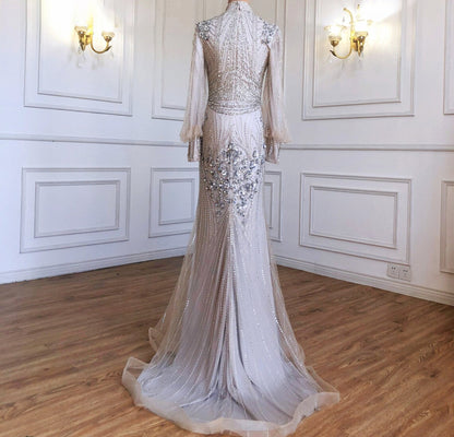 Long Sleeve Beaded Floor Length Gown