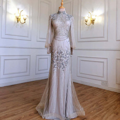 Long Sleeve Beaded Floor Length Gown