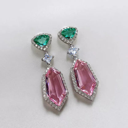 Pink and Green Drop Pendant Earrings