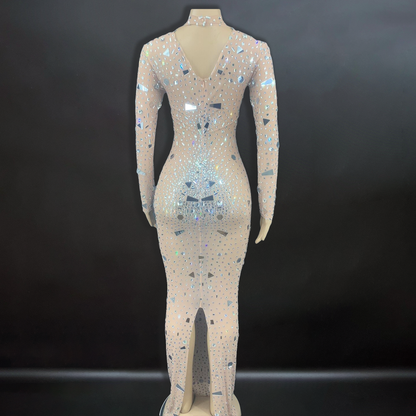 Sheer Mesh Mirror and Embellished Rhinestones Dress