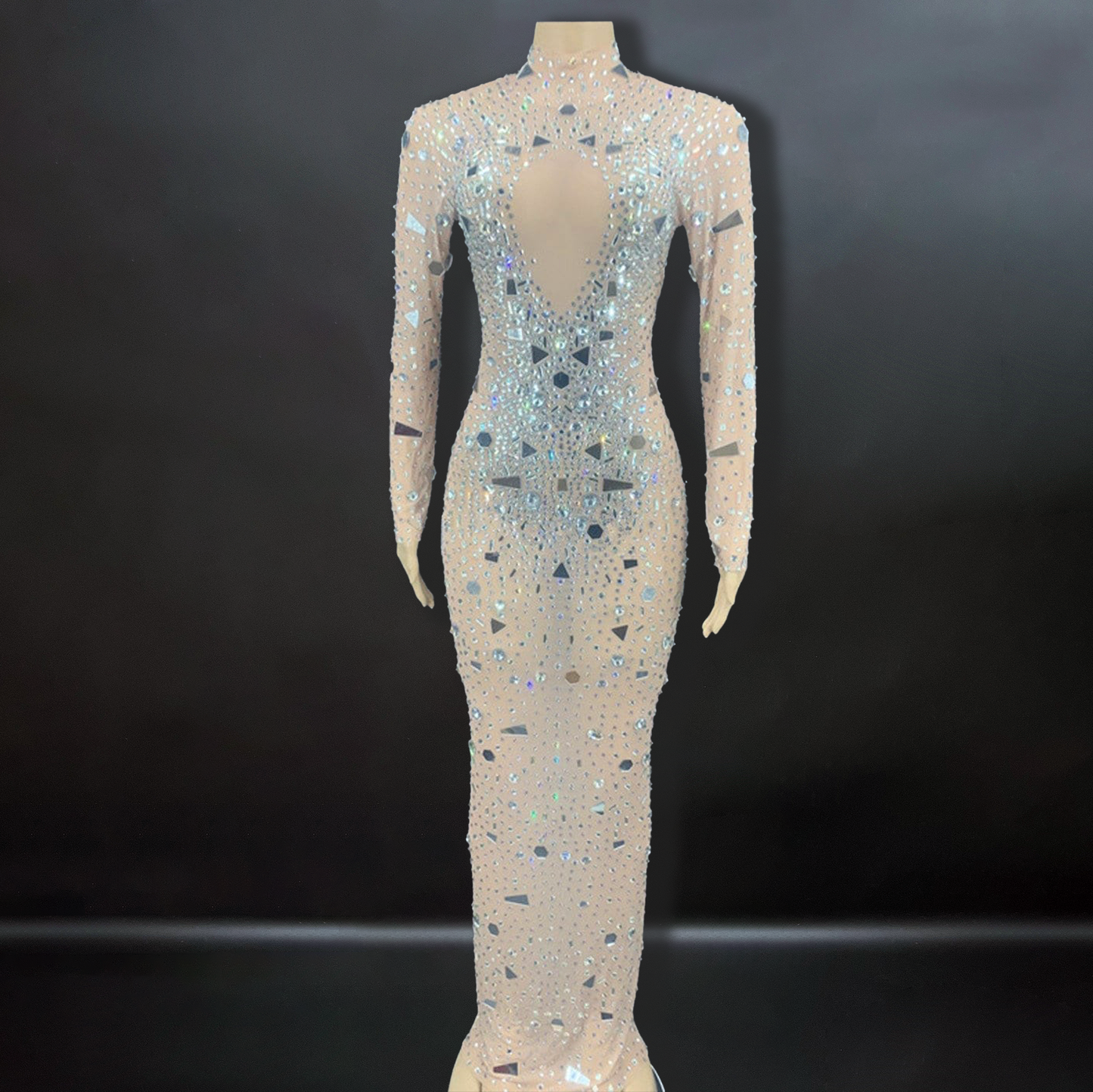 Sheer Mesh Mirror and Embellished Rhinestones Dress