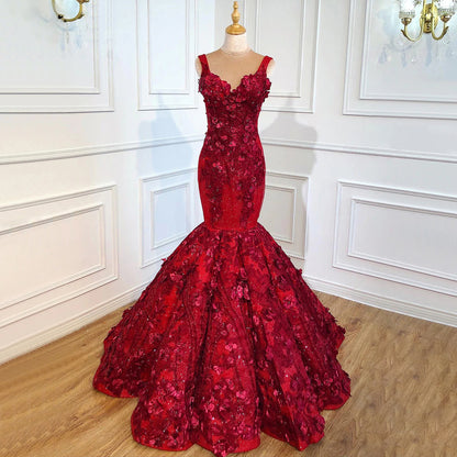 Red Floral Spaghetti Strap Mermaid Dress